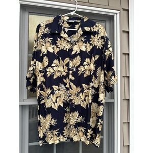 VTG Iolani Hawaiian Shirt Mens Navy Blue Floral Tropical Button Up Island  XL